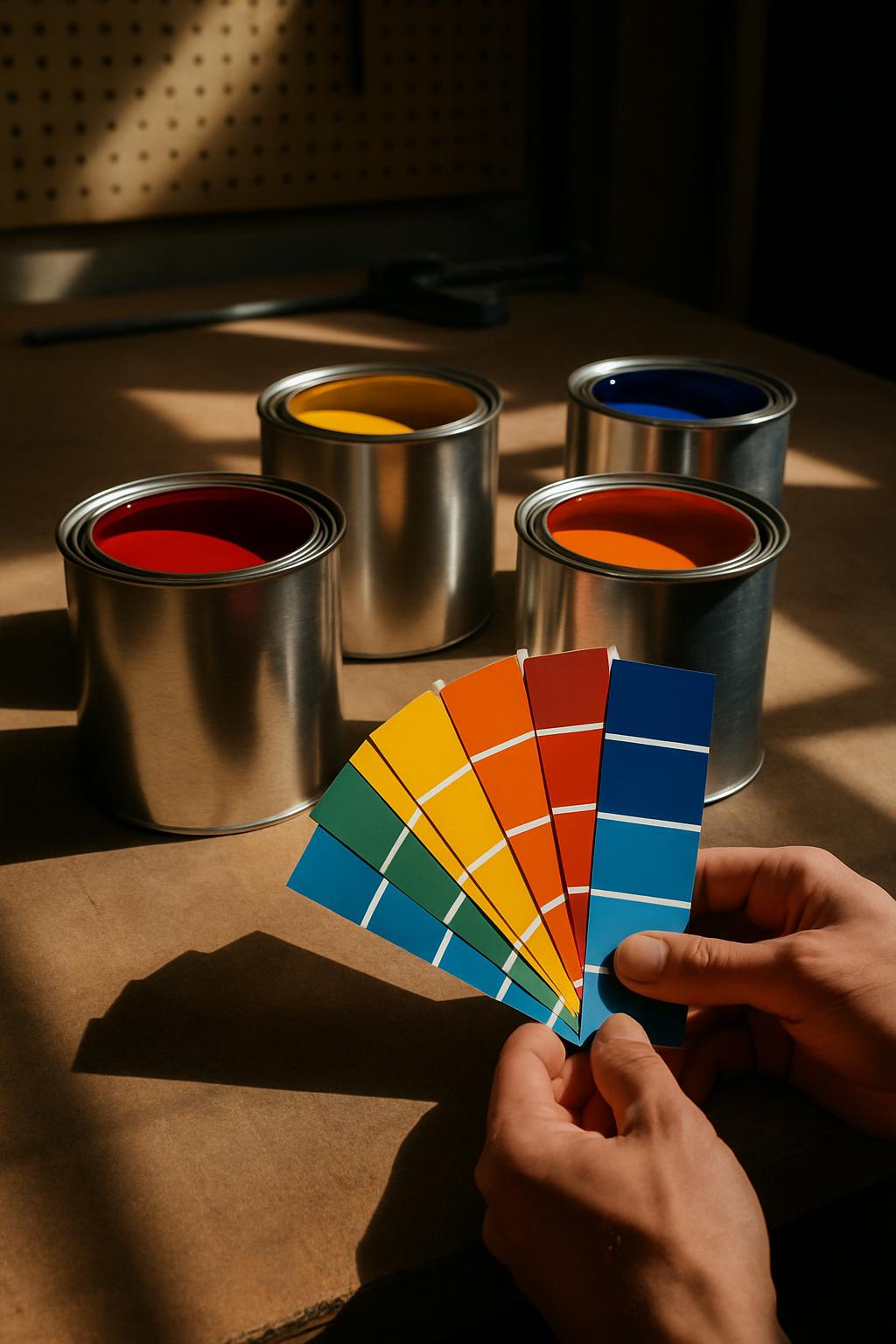An assortment of paint cans and paint chip samples.