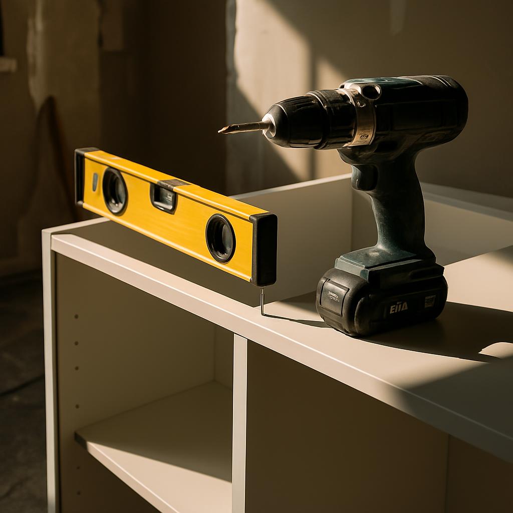 A cordless drill and a yellow spirit level on top of a free-standing, white shelf. The background is a dimly lit room with...