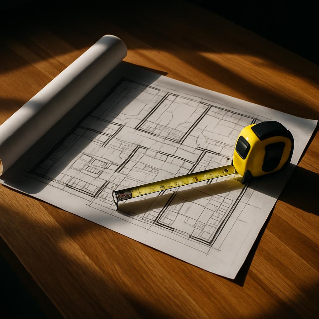 A blueprint with a tape measure and a wooden table.