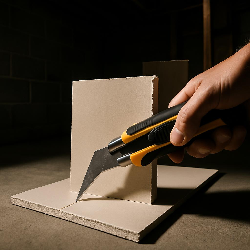 Hand holding a yellow and black blade utility knife, cutting double-sided white cardboard with the blade inserted at a 90-...
